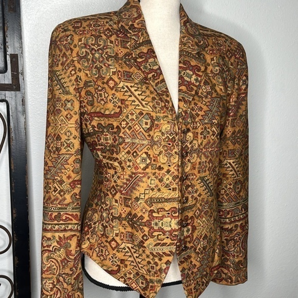 Ellen Tracy Multicolor Patterned Blazer - Mustard, Red, Green Accents - Picture 2 of 15